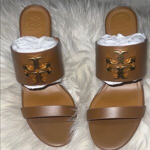 Tory Burch Tan Leather Double-Strap Slide Sandals with Gold Logo